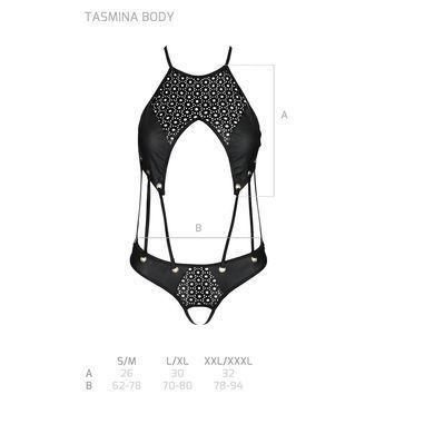 Боді з відкритим доступом Passion TASMINA BODY XXL/XXXL, black, екошкіра, шнурівки, ажурні мережива SO8489 фото