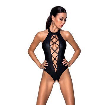 Боді з еко-шкіри з імітацією шнурівки та відкритим доступом Passion NANCY BODY XXL/XXXL, black SO5372 фото