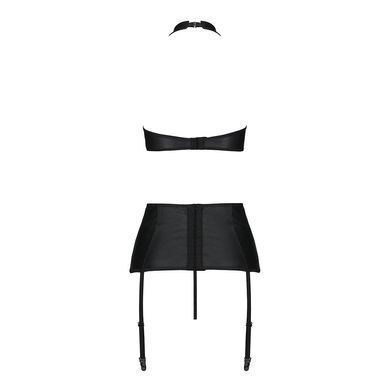 Комплект з еко-шкіри з імітацією шнурівки Passion NANCY SET L/XL black топ, трусики, пояс для панчіх SO5373 фото